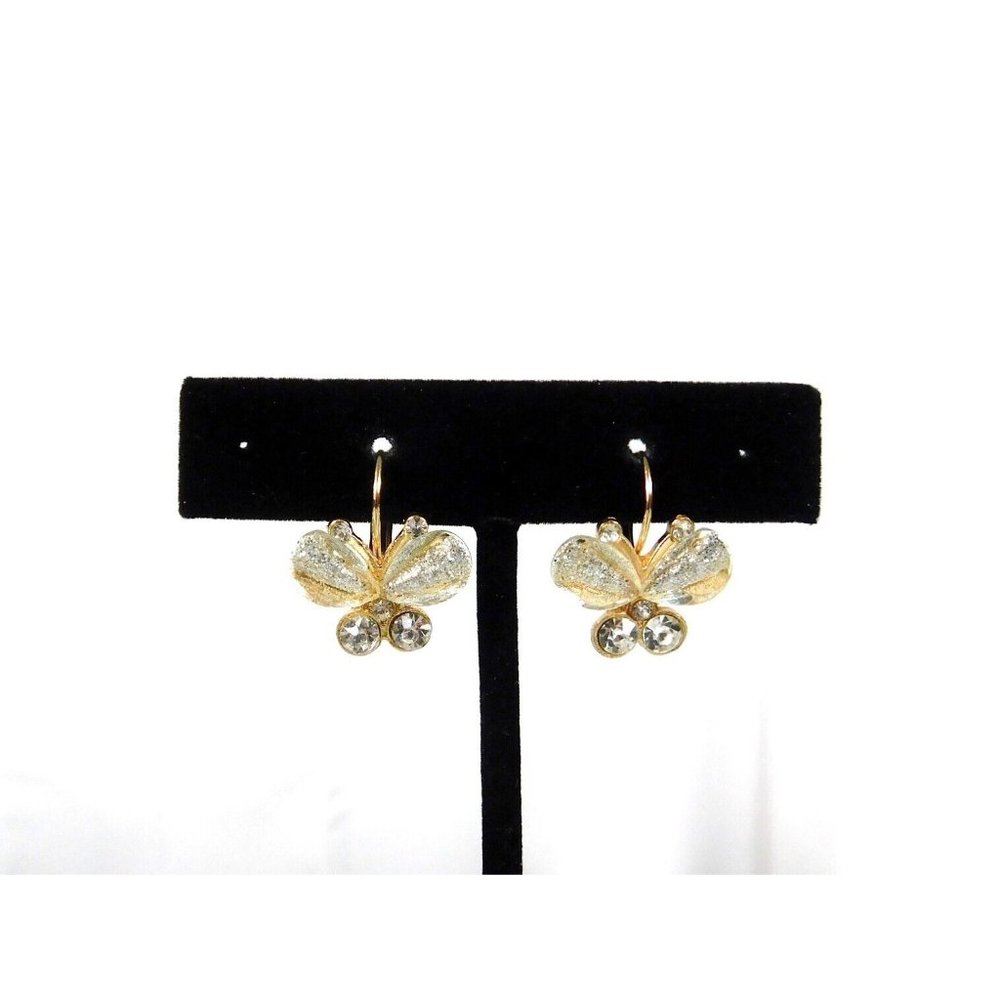 Lever Back Butterfly Earrings Glitter Rhinestones Gold Tone Backing